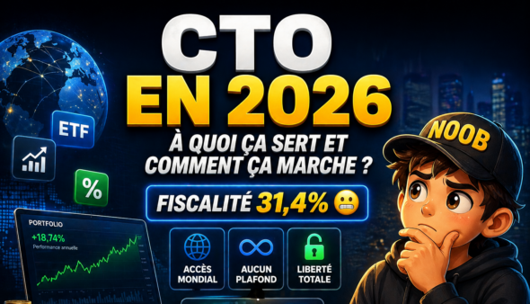 Illustration dark gaming d'un compte-titres ordinaire (CTO) en 2026 : graphique boursier, actions mondiales et flat tax