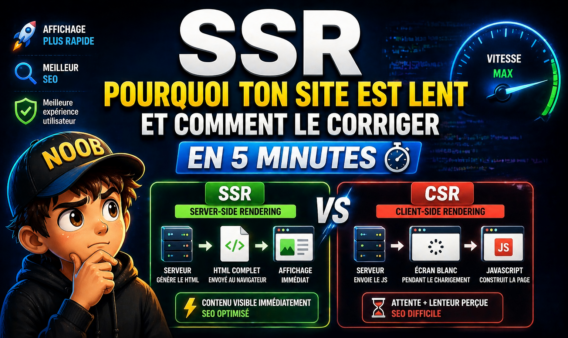 Server-Side Rendering (SSR) expliquant pourquoi un site est lent et comment l’optimiser en 5 minutes, avec une comparaison visuelle entre SSR (affichage rapide, SEO optimisé) et CSR