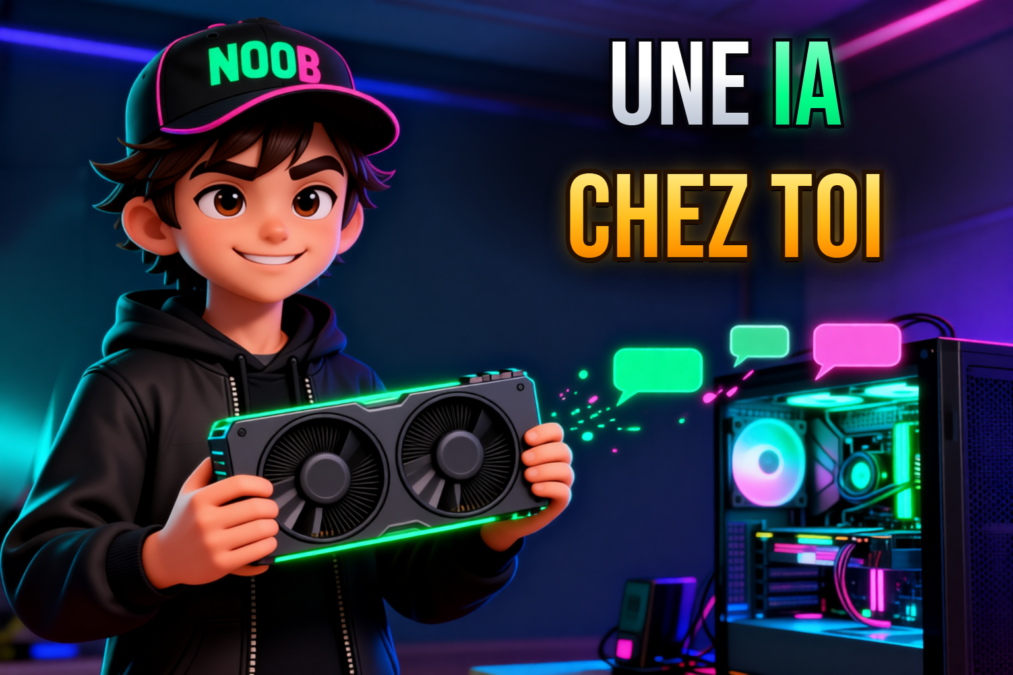 GrosNoob tient une carte graphique à deux ventilateurs devant une tour de PC ouverte, avec le titre Une IA chez toi