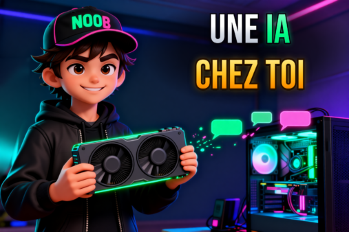 GrosNoob tient une carte graphique à deux ventilateurs devant une tour de PC ouverte, avec le titre Une IA chez toi